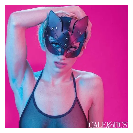 Maschera da gatto regolabile CalExotics in pelle vegana nera, interno velluto, chiusura a fibbia, per giochi BDSM