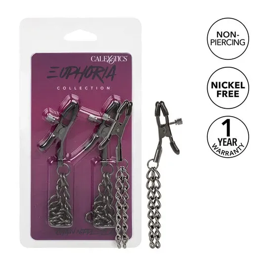 Pinzas para pezones ajustables Calexotics Euphoria cadena doble plateada 14,5 cm vista frontal" }, { "id_image": 10176, "fr": "P