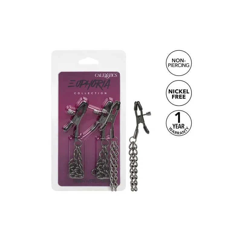 Pinzas para pezones ajustables Calexotics Euphoria cadena doble plateada 14,5 cm vista frontal" }, { "id_image": 10176, "fr": "P
