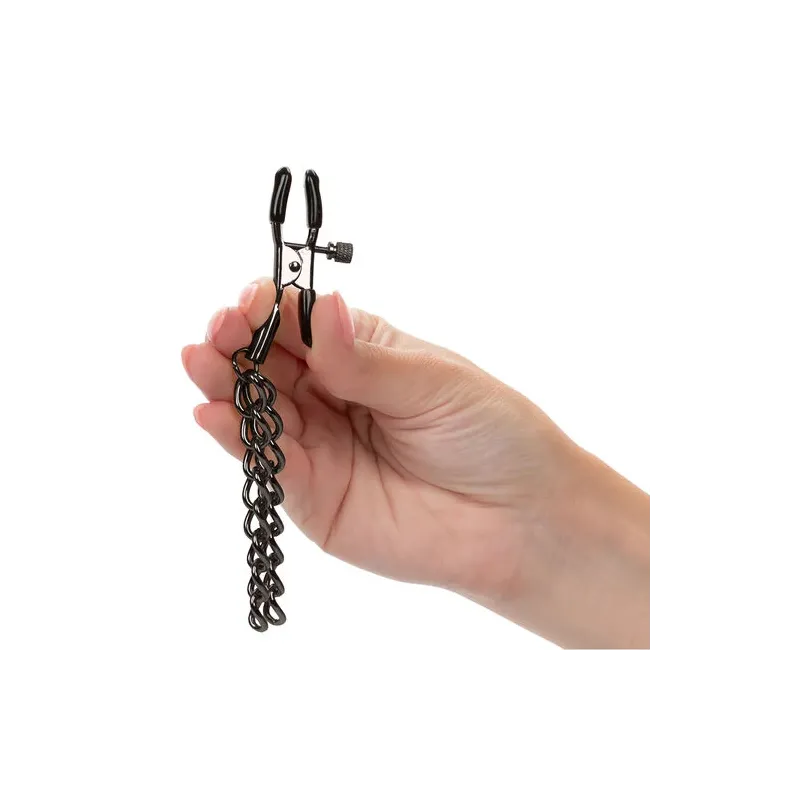 Pinze per capezzoli regolabili Calexotics Euphoria catena doppia argento 14,5 cm vista frontale