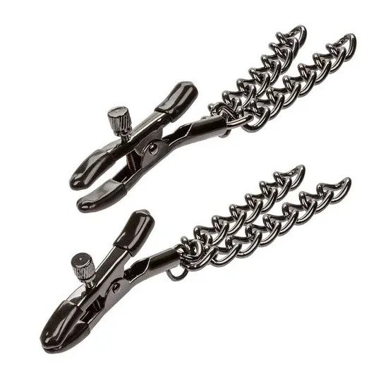 Pinze per capezzoli regolabili Calexotics Euphoria catena doppia argento 14,5 cm vista frontale