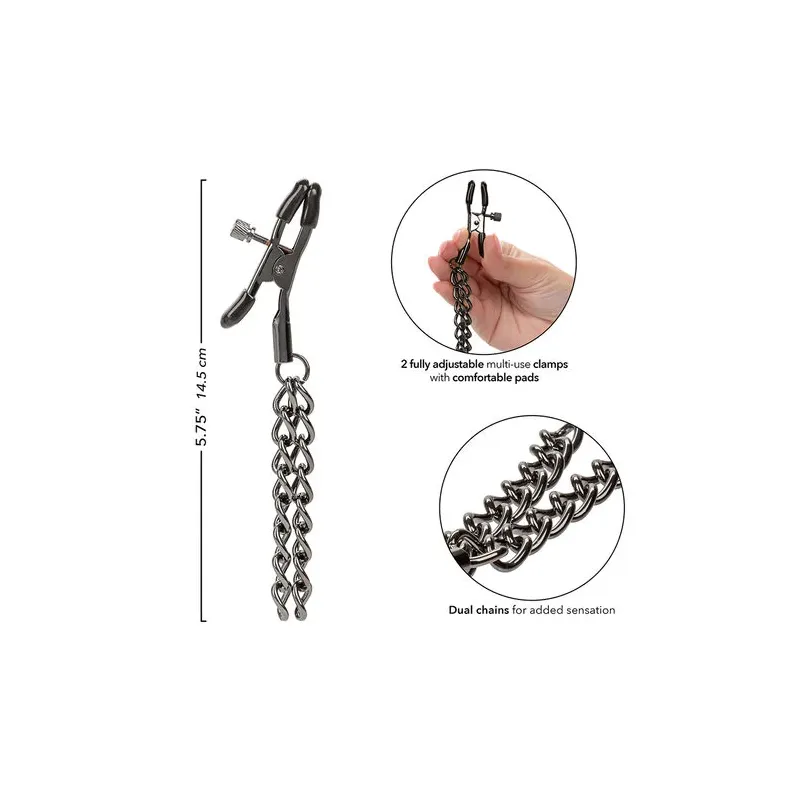 Pinze per capezzoli regolabili Calexotics Euphoria catena doppia argento 14,5 cm vista frontale
