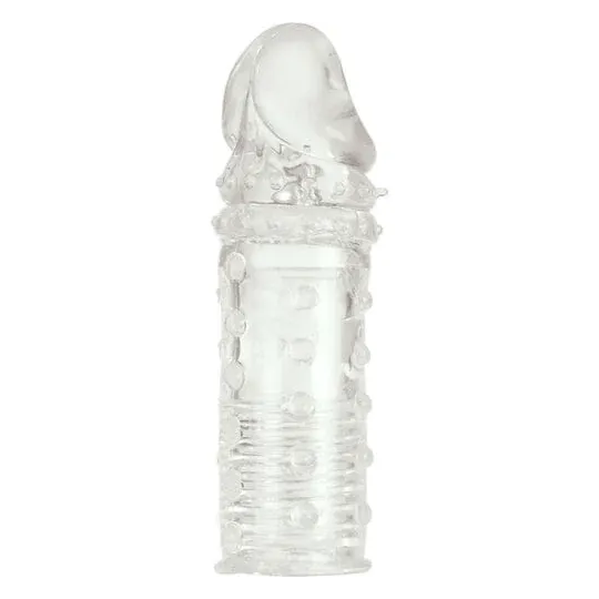 Extension pénienne Calexotics transparente 5 cm en silicone souple avec texture nervurée