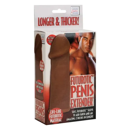 Brown futuristic penis extension sleeve from CALEXOTICS with built-in ring for extra 5 cm length