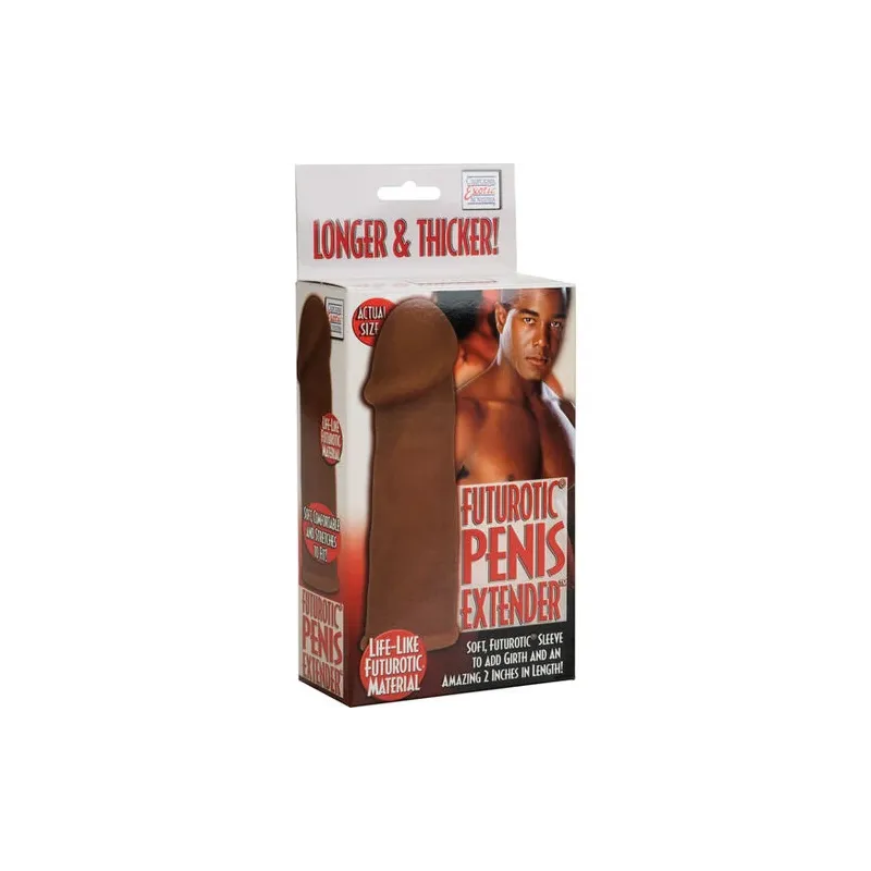 Brown futuristic penis extension sleeve from CALEXOTICS with built-in ring for extra 5 cm length