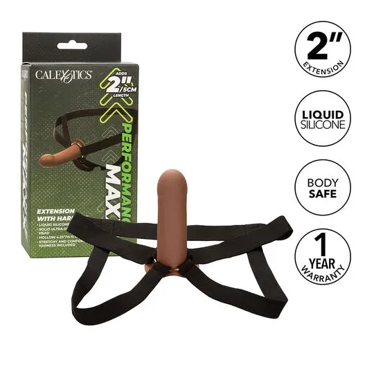 CalExotics Performance Maxx Penisverlängerung aus braunem Silikon mit Gurtzeug für mehr Länge