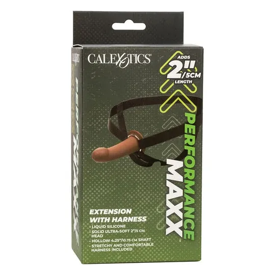 CalExotics Performance Maxx Penisverlängerung aus braunem Silikon mit Gurtzeug für mehr Länge