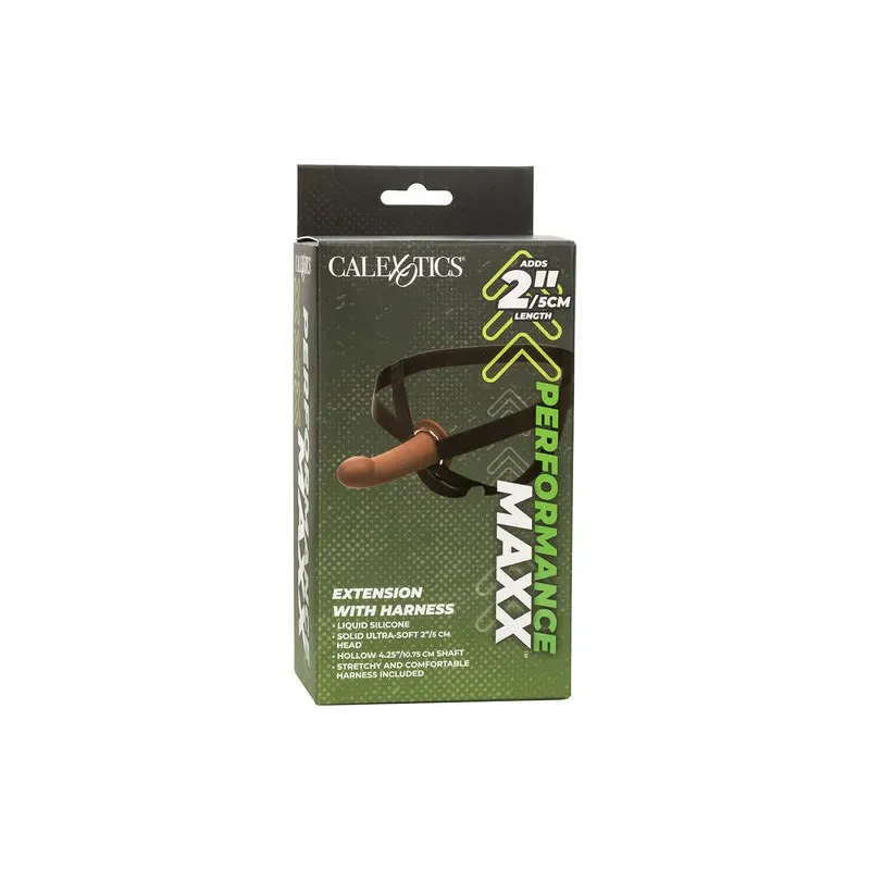 CalExotics Performance Maxx Penisverlängerung aus braunem Silikon mit Gurtzeug für mehr Länge