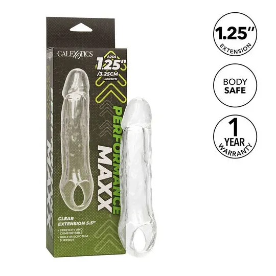 CalExotics Performance Maxx Clear 5.5 transparente Penisverlängerung, Übersichtsbild, verlängert und verdickt diskret.