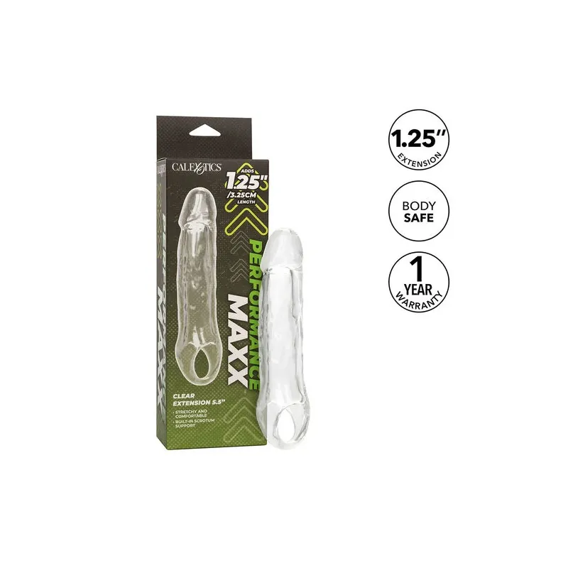 CalExotics Performance Maxx Clear 5.5 transparente Penisverlängerung, Übersichtsbild, verlängert und verdickt diskret.