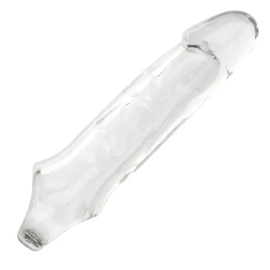 Transparenter Penisverlängerer CalExotics Performance Maxx Clear 6,5 Zoll aus weichem Silikon mit realistischem Kopf und Hodenri