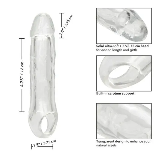 Transparenter Penisverlängerer CalExotics Performance Maxx Clear 6,5 Zoll aus weichem Silikon mit realistischem Kopf und Hodenri