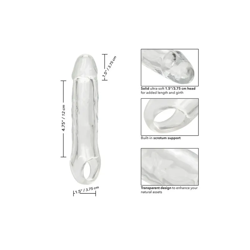 Transparenter Penisverlängerer CalExotics Performance Maxx Clear 6,5 Zoll aus weichem Silikon mit realistischem Kopf und Hodenri