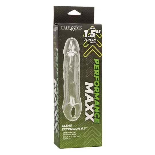 Transparenter Penisverlängerer CalExotics Performance Maxx Clear 6,5 Zoll aus weichem Silikon mit realistischem Kopf und Hodenri