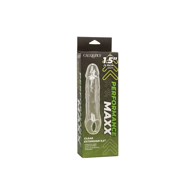 Transparenter Penisverlängerer CalExotics Performance Maxx Clear 6,5 Zoll aus weichem Silikon mit realistischem Kopf und Hodenri