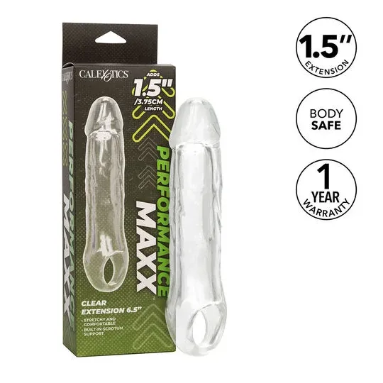 Transparenter Penisverlängerer CalExotics Performance Maxx Clear 6,5 Zoll aus weichem Silikon mit realistischem Kopf und Hodenri