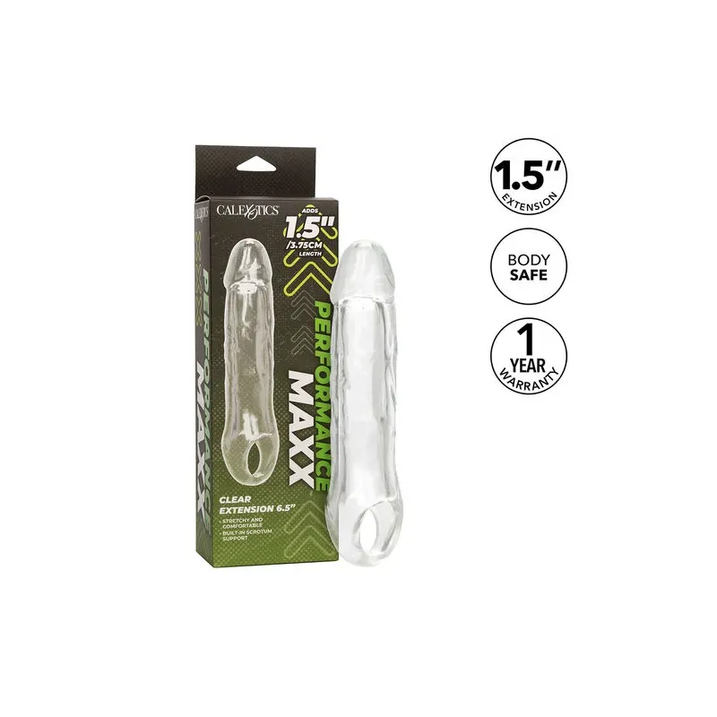 Transparenter Penisverlängerer CalExotics Performance Maxx Clear 6,5 Zoll aus weichem Silikon mit realistischem Kopf und Hodenri