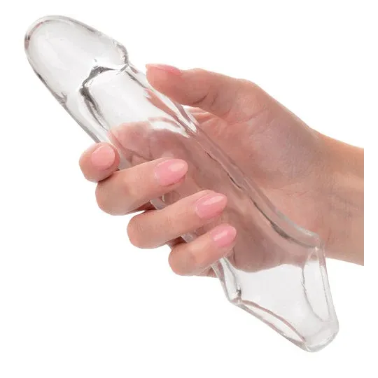 Transparenter Penisverlängerer CalExotics Performance Maxx Clear 6,5 Zoll aus weichem Silikon mit realistischem Kopf und Hodenri