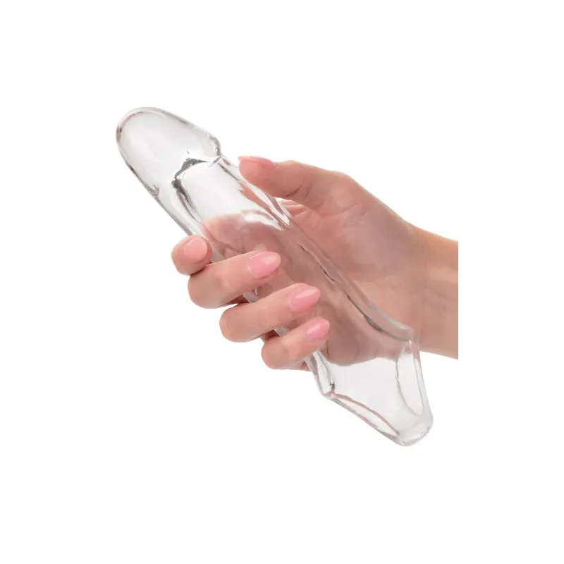 Transparenter Penisverlängerer CalExotics Performance Maxx Clear 6,5 Zoll aus weichem Silikon mit realistischem Kopf und Hodenri
