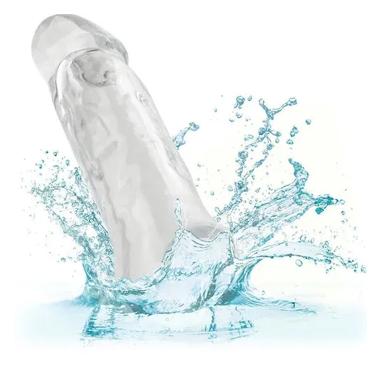 Transparenter Penisverlängerer CalExotics Performance Maxx Clear 6,5 Zoll aus weichem Silikon mit realistischem Kopf und Hodenri