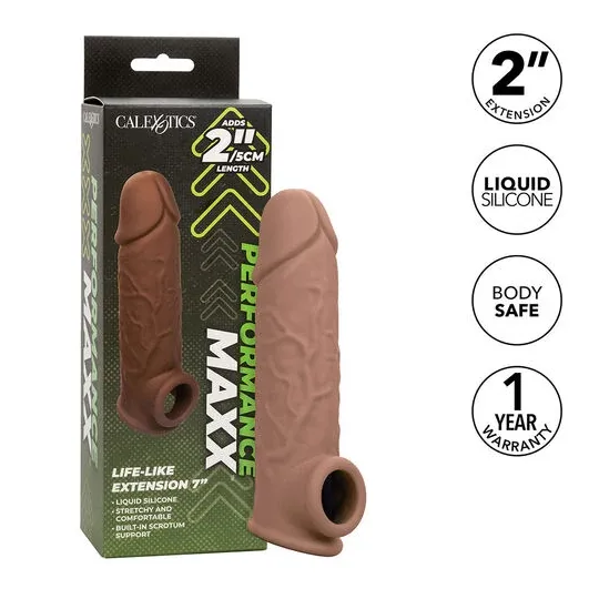 Penisextension CalExotics Performance Maxx Life-Like 7 in Hautfarben-Braun, realistische Hülle mit Hodengurt, 5 cm zusätzliche L