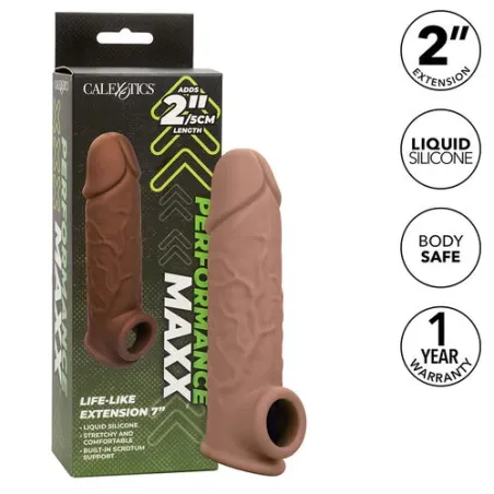 Penisextension CalExotics Performance Maxx Life-Like 7 in Hautfarben-Braun, realistische Hülle mit Hodengurt, 5 cm zusätzliche L