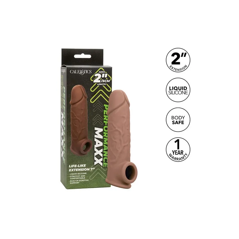 Penisextension CalExotics Performance Maxx Life-Like 7 in Hautfarben-Braun, realistische Hülle mit Hodengurt, 5 cm zusätzliche L