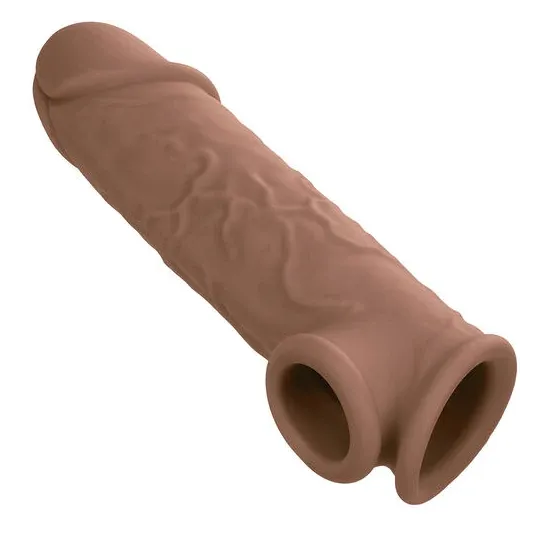 Penisextension CalExotics Performance Maxx Life-Like 7 in Hautfarben-Braun, realistische Hülle mit Hodengurt, 5 cm zusätzliche L
