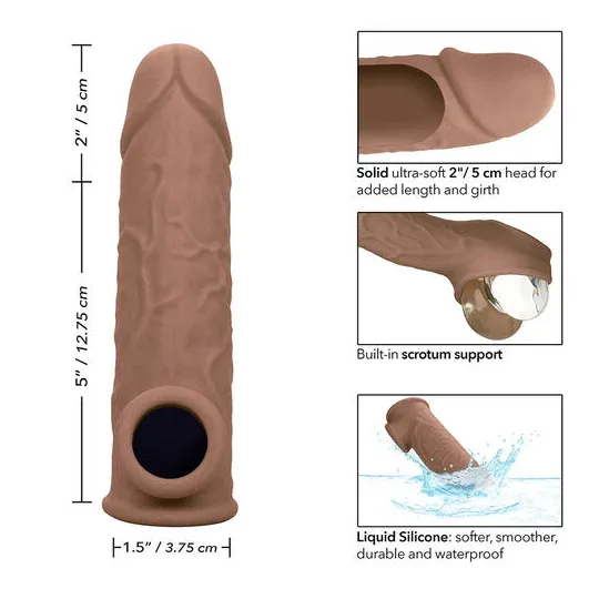 Penisextension CalExotics Performance Maxx Life-Like 7 in Hautfarben-Braun, realistische Hülle mit Hodengurt, 5 cm zusätzliche L