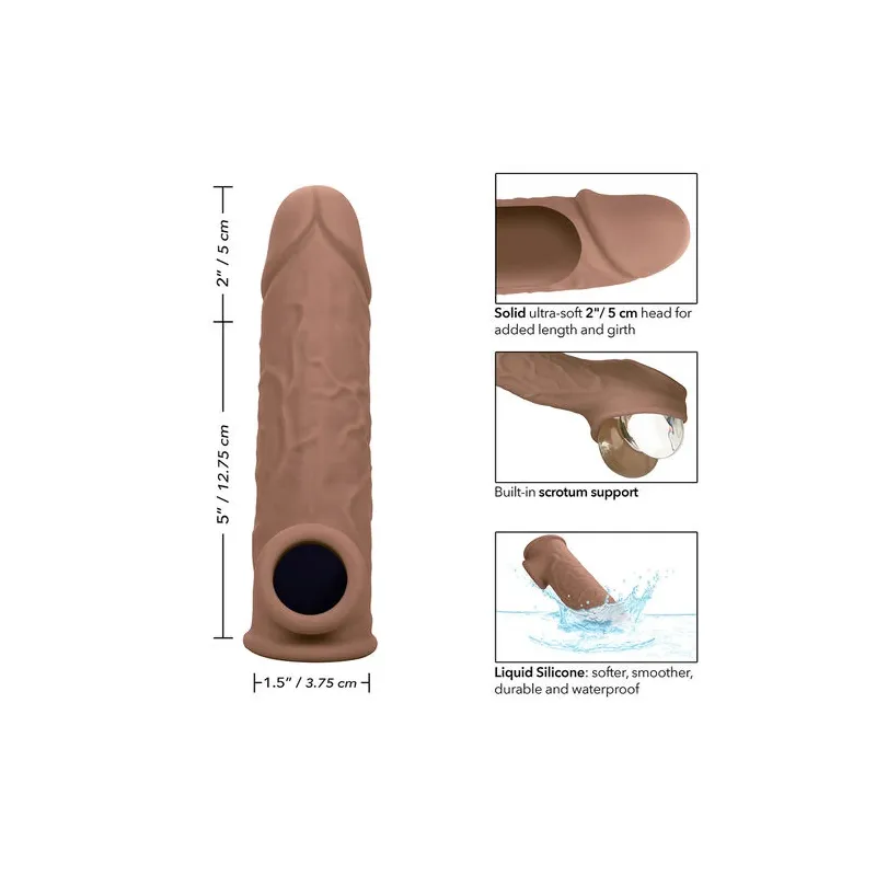 Penisextension CalExotics Performance Maxx Life-Like 7 in Hautfarben-Braun, realistische Hülle mit Hodengurt, 5 cm zusätzliche L