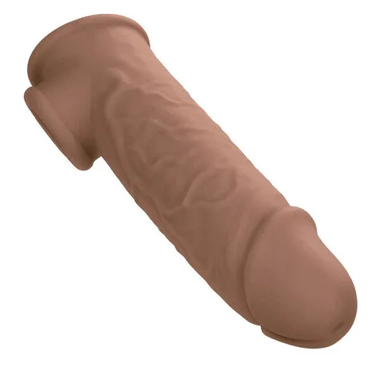 Penisextension CalExotics Performance Maxx Life-Like 7 in Hautfarben-Braun, realistische Hülle mit Hodengurt, 5 cm zusätzliche L