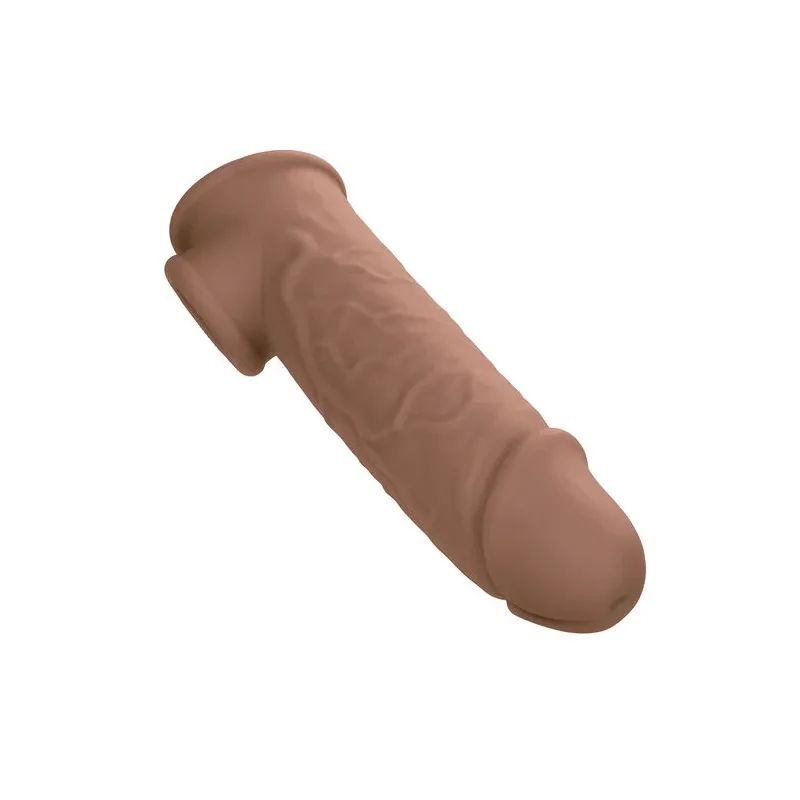 Penisextension CalExotics Performance Maxx Life-Like 7 in Hautfarben-Braun, realistische Hülle mit Hodengurt, 5 cm zusätzliche L
