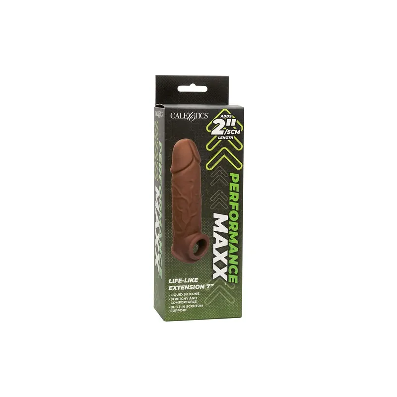 Penisextension CalExotics Performance Maxx Life-Like 7 in Hautfarben-Braun, realistische Hülle mit Hodengurt, 5 cm zusätzliche L