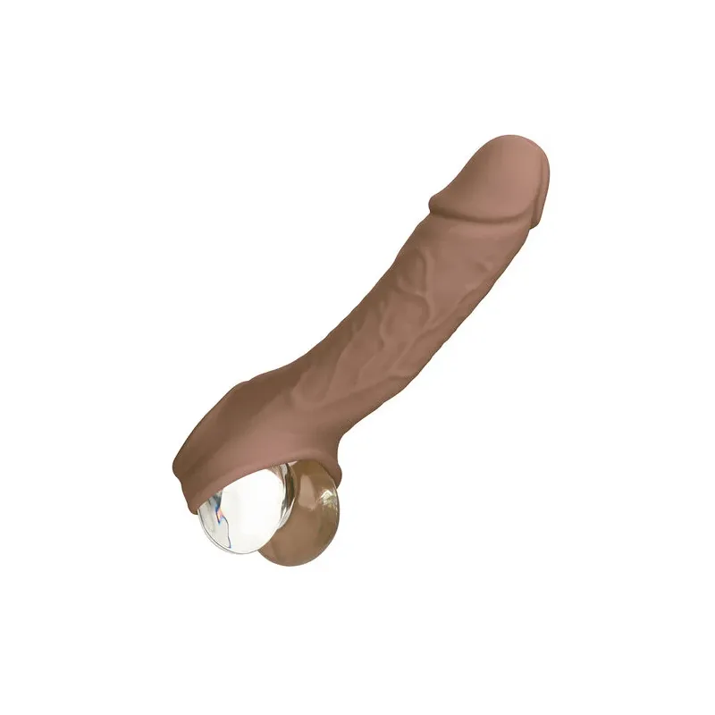 Penisextension CalExotics Performance Maxx Life-Like 7 in Hautfarben-Braun, realistische Hülle mit Hodengurt, 5 cm zusätzliche L