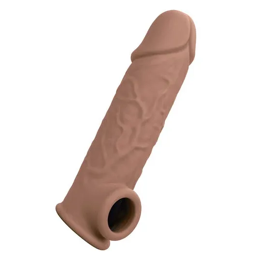 Penisextension CalExotics Performance Maxx Life-Like 7 in Hautfarben-Braun, realistische Hülle mit Hodengurt, 5 cm zusätzliche L