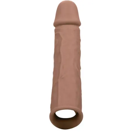 Extension pénienne réaliste CalExotics peau marron, ajout 5 cm avec sangle scrotale intégrée, silicone liquide ultra-doux.