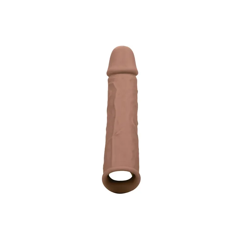 Extension pénienne réaliste CalExotics peau marron, ajout 5 cm avec sangle scrotale intégrée, silicone liquide ultra-doux.