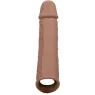 Extension pénienne réaliste CalExotics peau marron, ajout 5 cm avec sangle scrotale intégrée, silicone liquide ultra-doux.