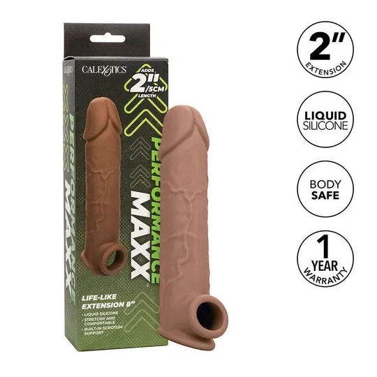 Extension pénienne réaliste CalExotics peau marron, ajout 5 cm avec sangle scrotale intégrée, silicone liquide ultra-doux.