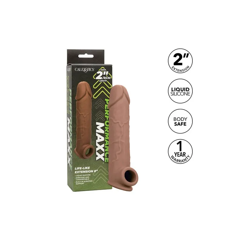 Extension pénienne réaliste CalExotics peau marron, ajout 5 cm avec sangle scrotale intégrée, silicone liquide ultra-doux.