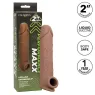 Extension pénienne réaliste CalExotics peau marron, ajout 5 cm avec sangle scrotale intégrée, silicone liquide ultra-doux.