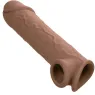 Extension pénienne réaliste CalExotics peau marron, ajout 5 cm avec sangle scrotale intégrée, silicone liquide ultra-doux.