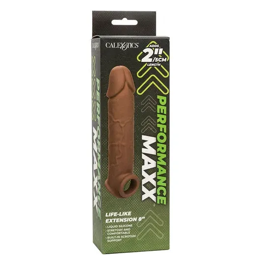 Extension pénienne réaliste CalExotics peau marron, ajout 5 cm avec sangle scrotale intégrée, silicone liquide ultra-doux.