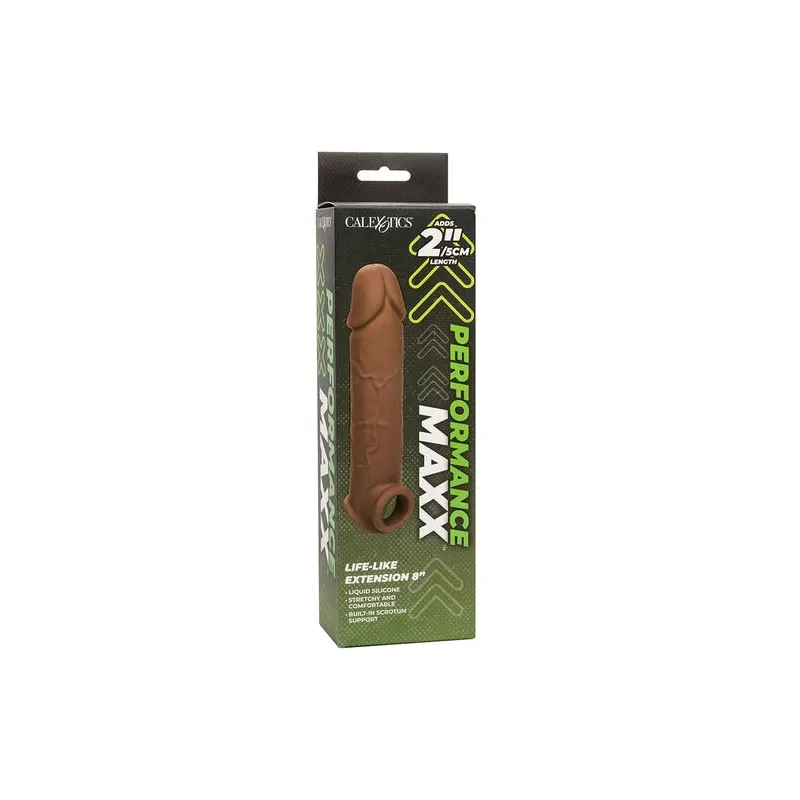 Extension pénienne réaliste CalExotics peau marron, ajout 5 cm avec sangle scrotale intégrée, silicone liquide ultra-doux.