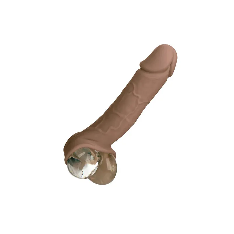 Extension pénienne réaliste CalExotics peau marron, ajout 5 cm avec sangle scrotale intégrée, silicone liquide ultra-doux.