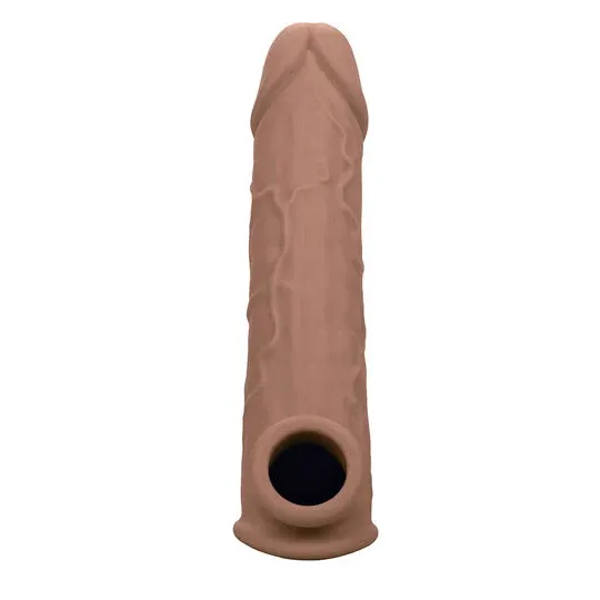 Extension pénienne réaliste CalExotics peau marron, ajout 5 cm avec sangle scrotale intégrée, silicone liquide ultra-doux.