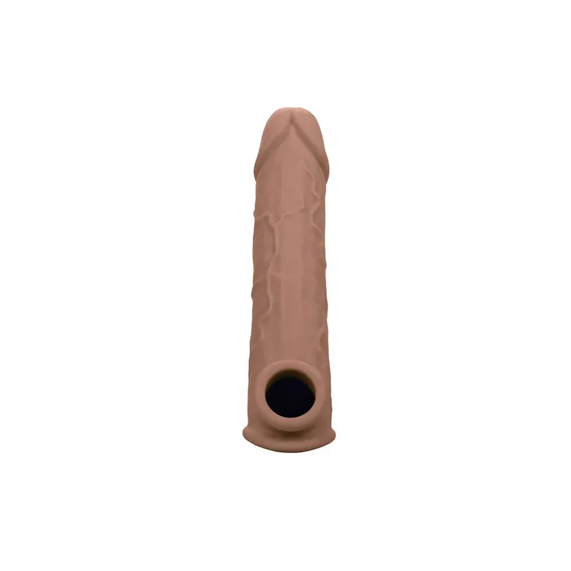 Extension pénienne réaliste CalExotics peau marron, ajout 5 cm avec sangle scrotale intégrée, silicone liquide ultra-doux.