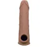 Extension pénienne réaliste CalExotics peau marron, ajout 5 cm avec sangle scrotale intégrée, silicone liquide ultra-doux.