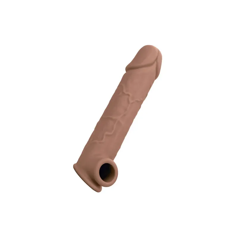 Extension pénienne réaliste CalExotics peau marron, ajout 5 cm avec sangle scrotale intégrée, silicone liquide ultra-doux.