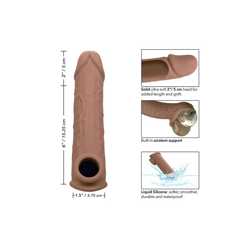 Extension pénienne réaliste CalExotics peau marron, ajout 5 cm avec sangle scrotale intégrée, silicone liquide ultra-doux.